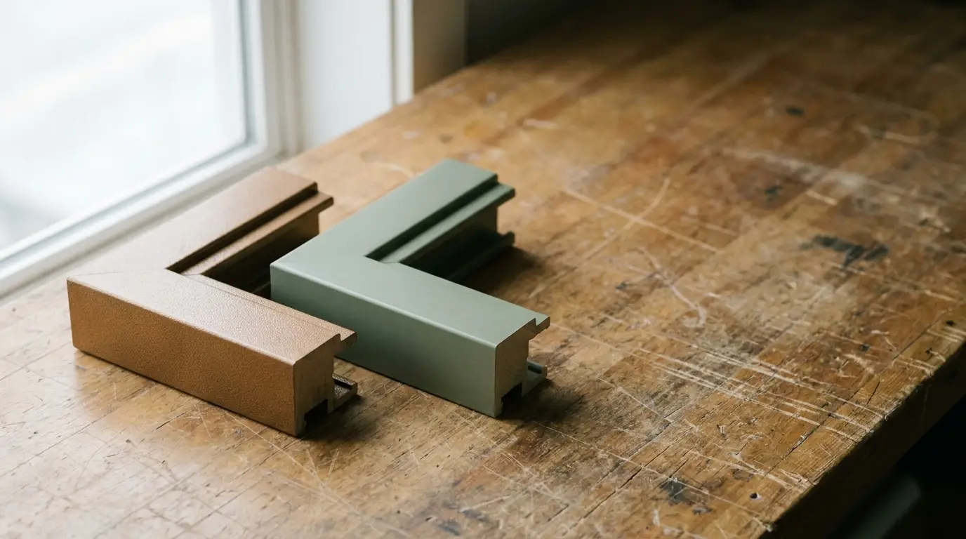 Wooden desk with two angular frame samples, one beige, one green, near a window