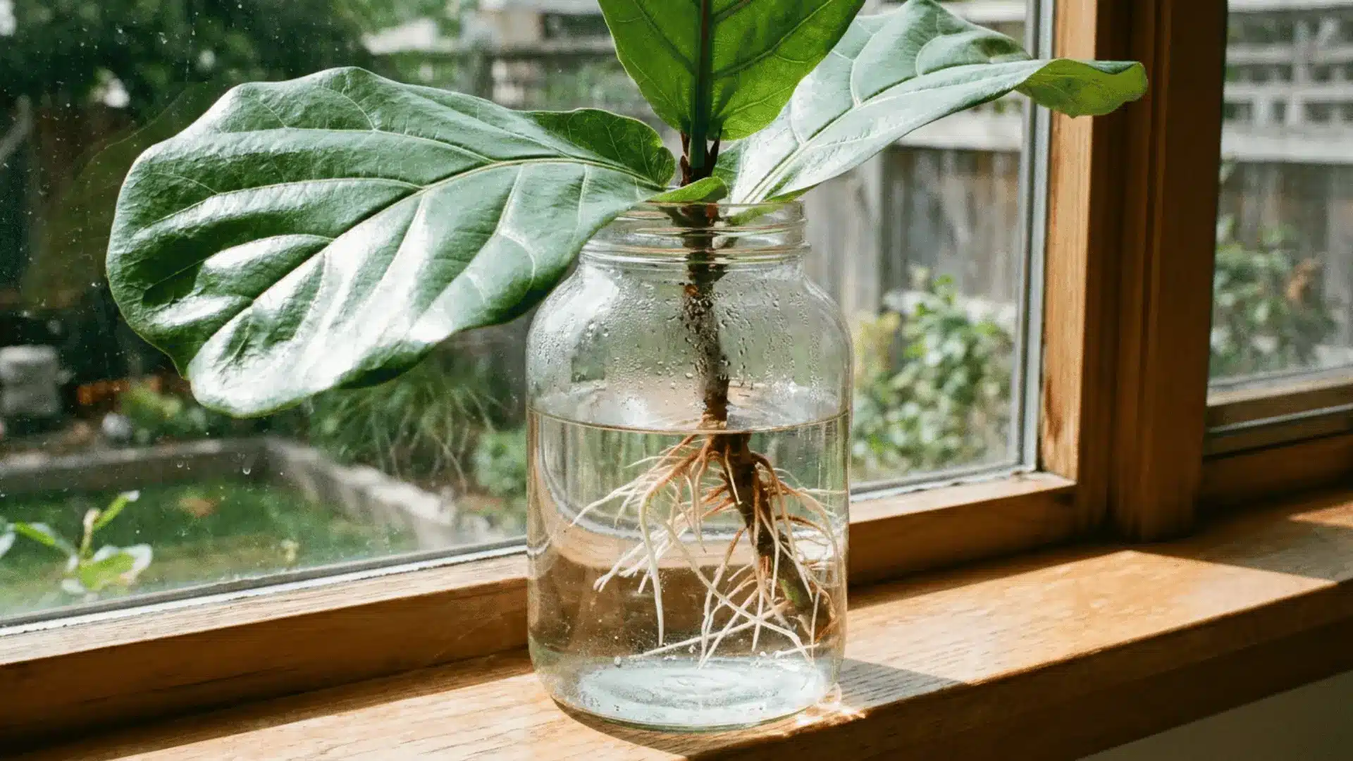 fiddle leaf fig cutting with broad green leaves and long white roots growing in a glass jar on a sunny wooden windowsill