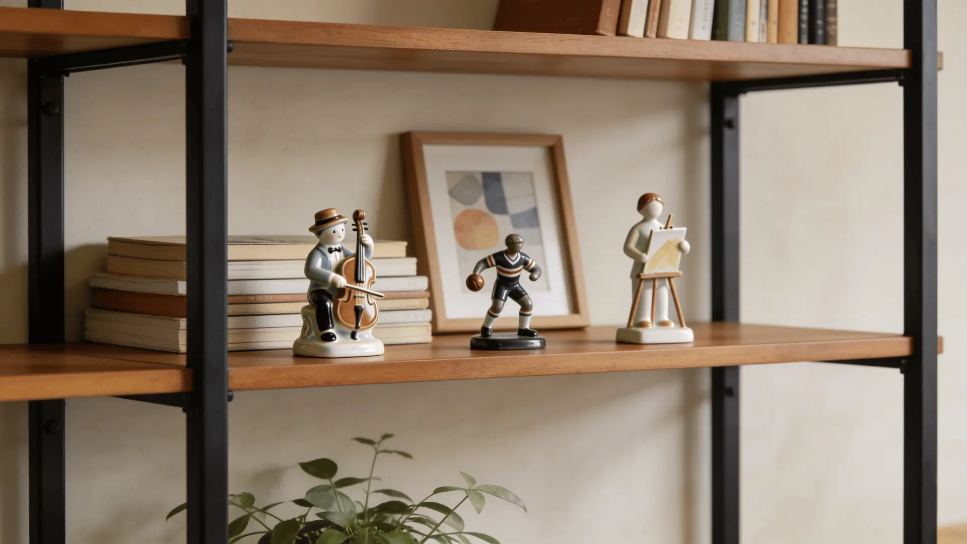 hobby figurines styled on shelves with books and simple decor