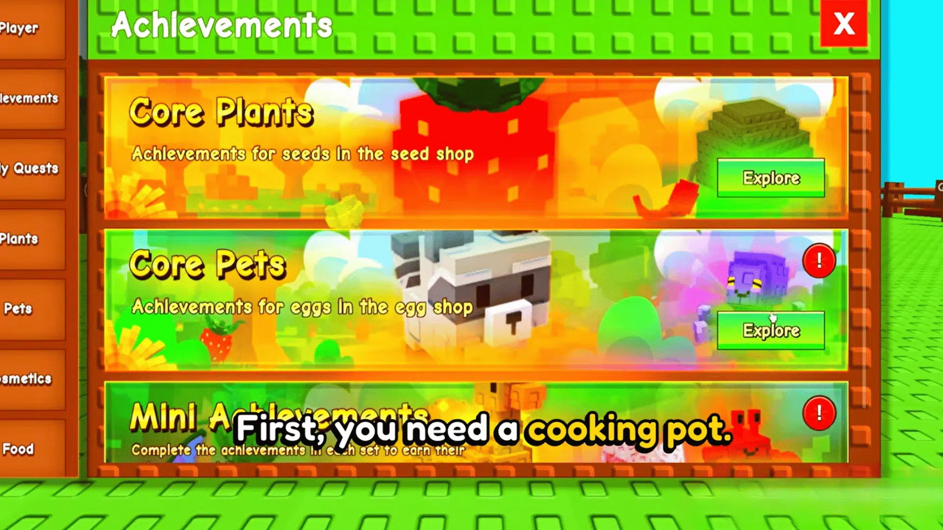 grow a garden achievements menu showing core plants needed to earn the cooking pot reward