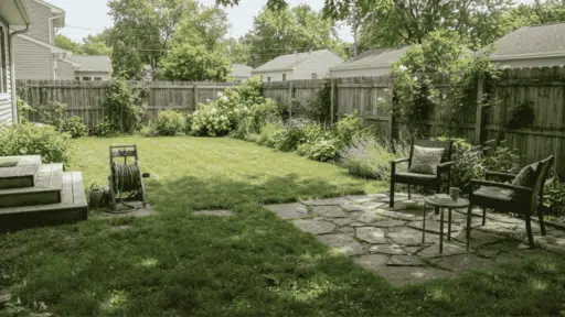 finished backyard with trimmed lawn stone patio and outdoor seating area
