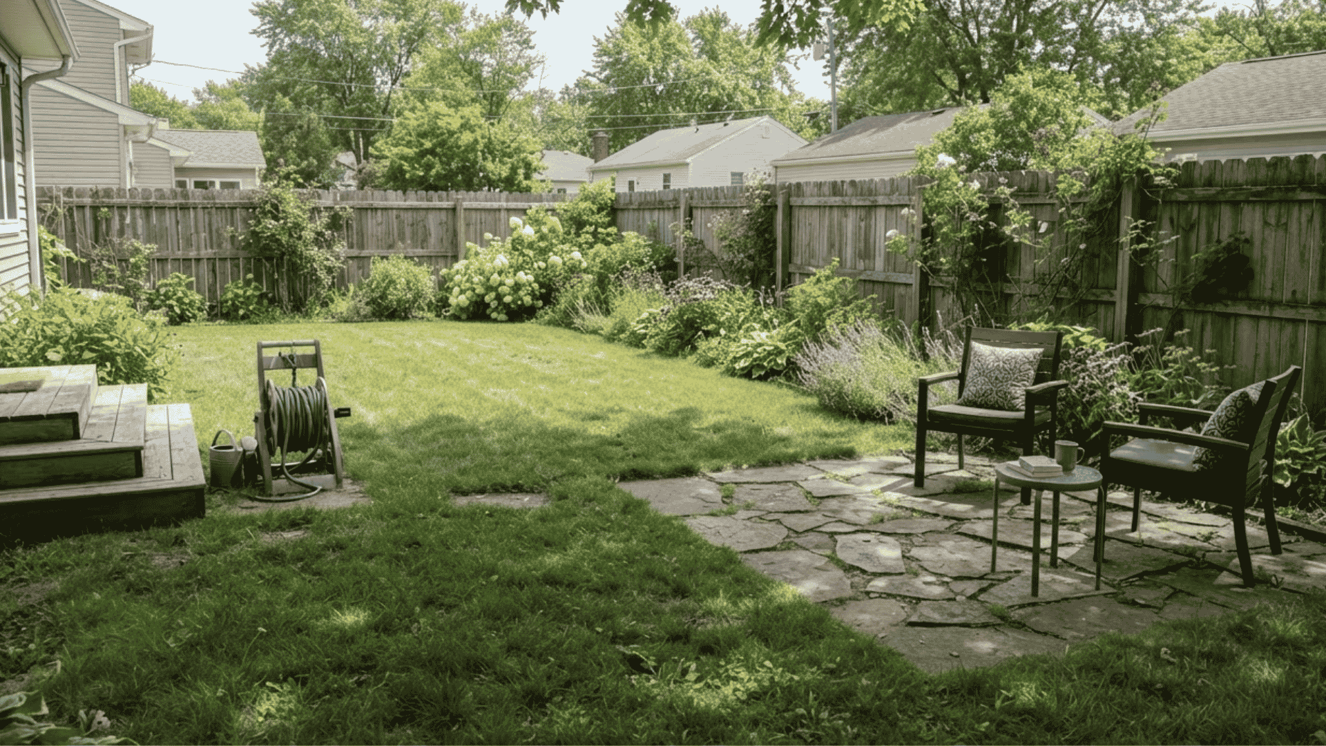 finished backyard with trimmed lawn stone patio and outdoor seating area