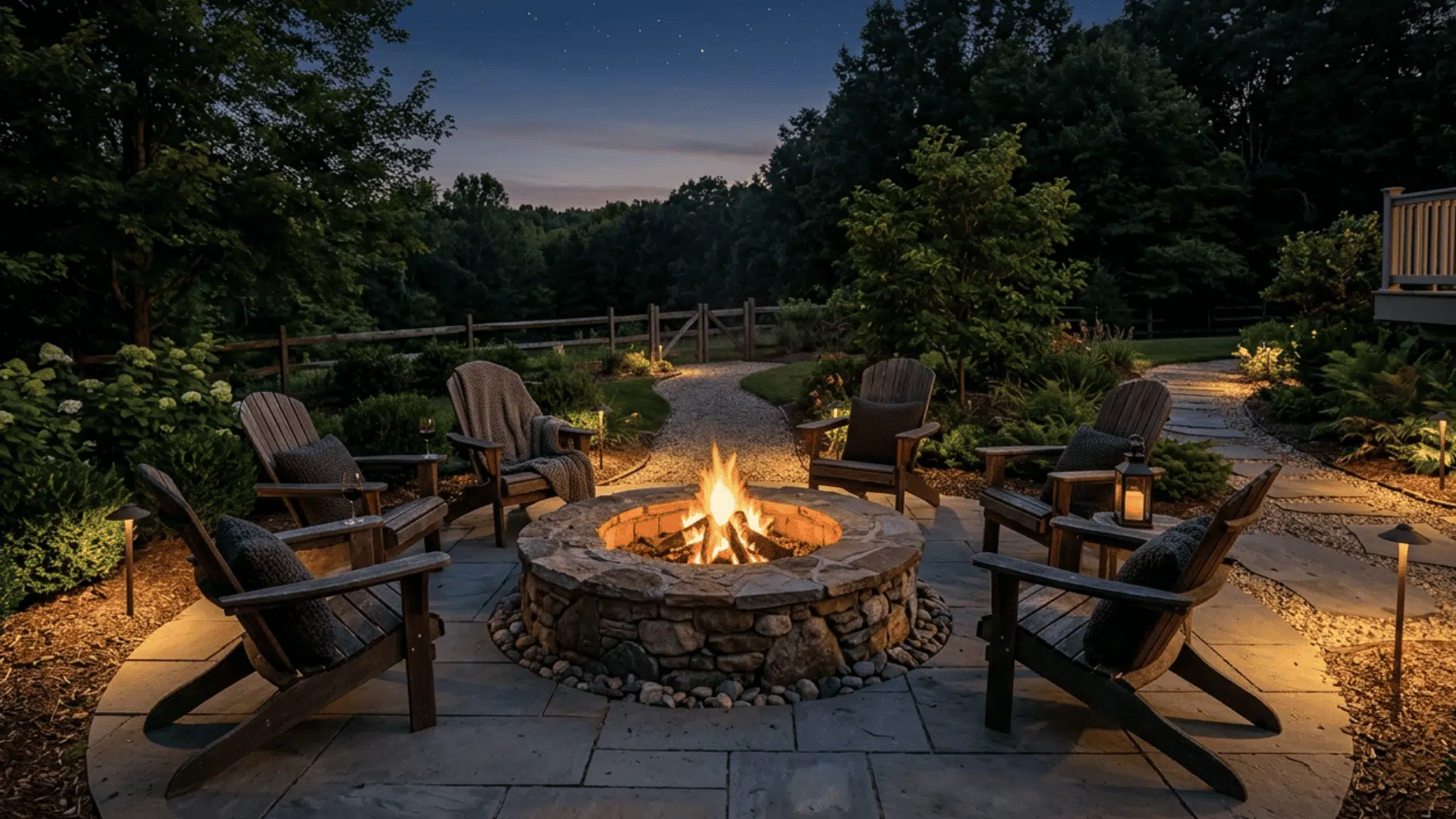 soft fire pit lighting clearly marking seats and walking paths around a backyard fire area