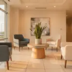 Modern waiting area with four armchairs around round table and potted plant under warm lighting