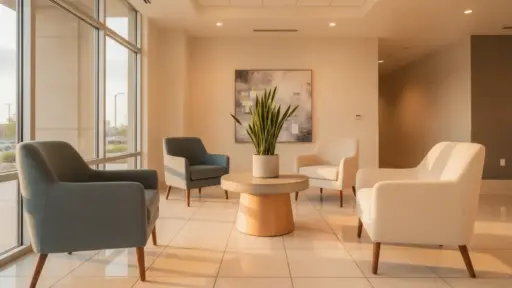 Modern waiting area with four armchairs around round table and potted plant under warm lighting