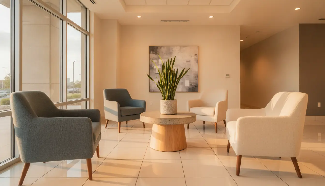 Modern waiting area with four armchairs around round table and potted plant under warm lighting