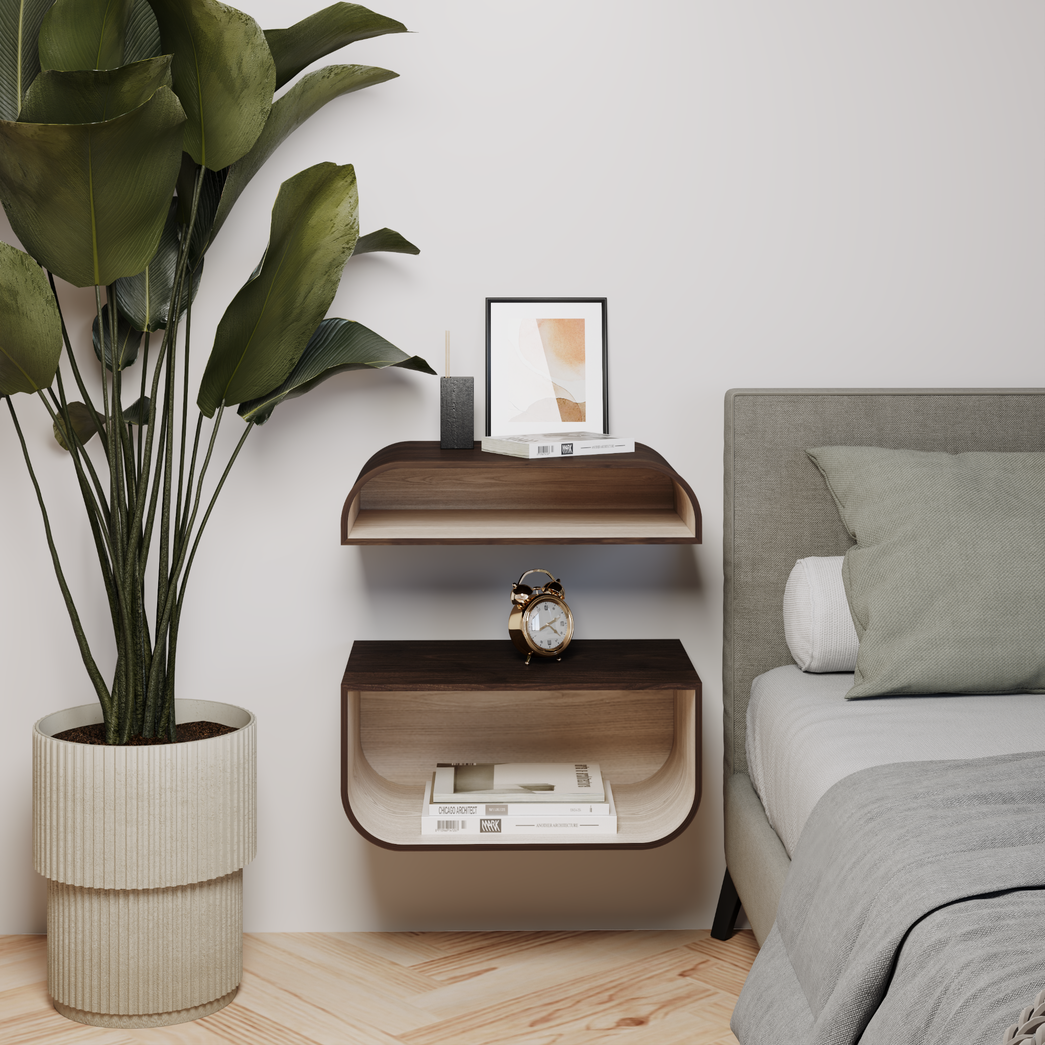 floating nightstand from wood with hidden wall bracket near bed
