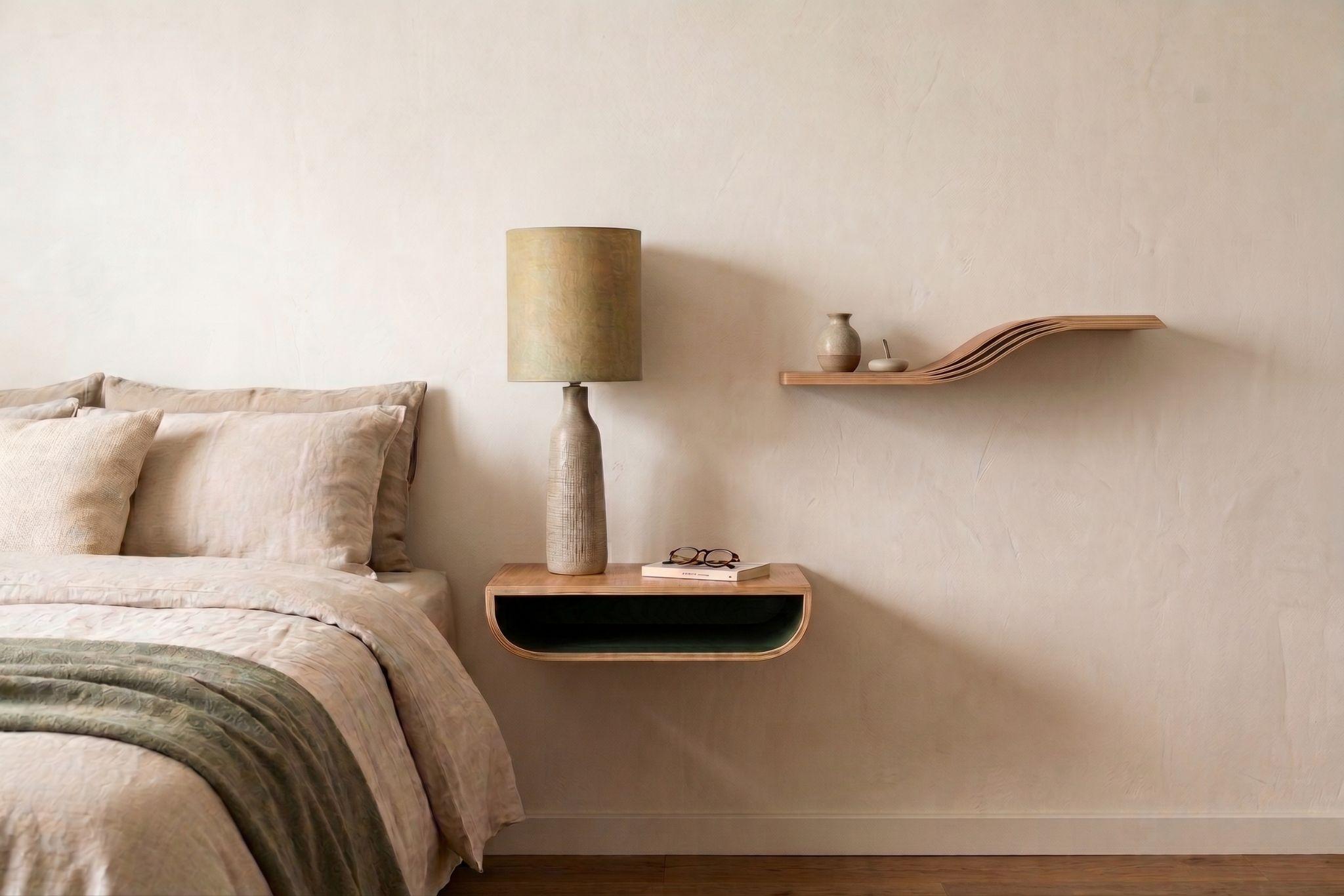 floating nightstand with curved ashwood wall shelf near bed in bedroom