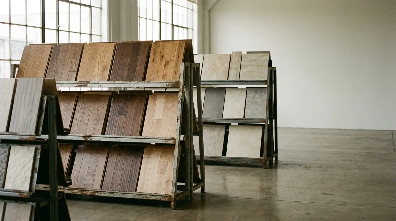 Wood and tile flooring samples displayed on racks in a spacious showroom