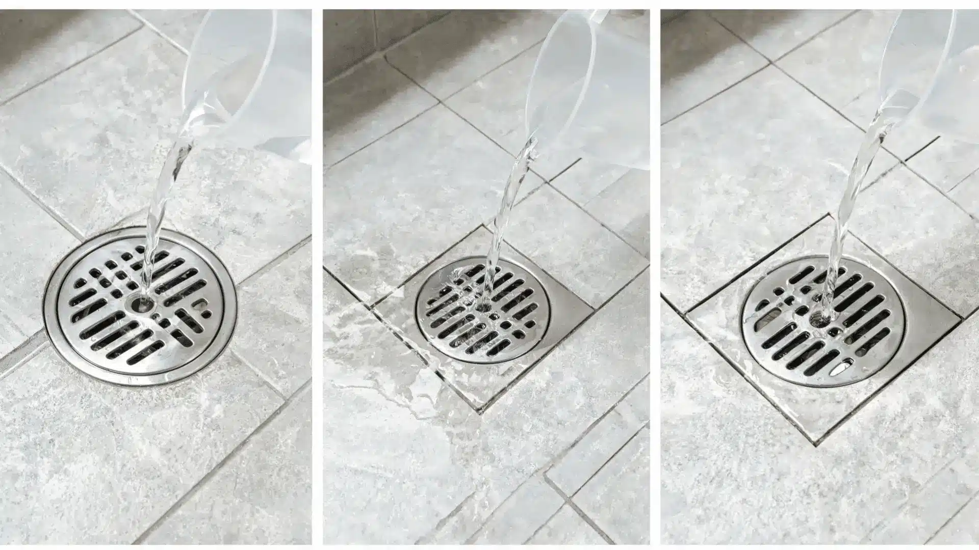 clear water flowing freely through a cleaned shower drain during a drainage test