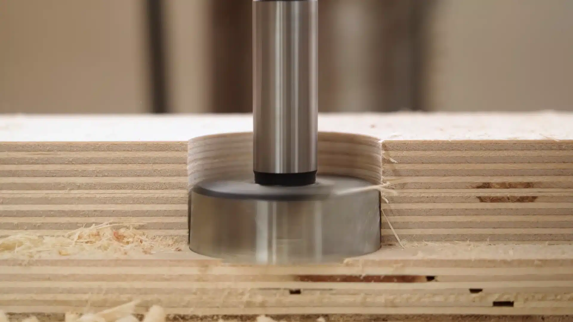 forstner bit drilling relief cutout in plywood
