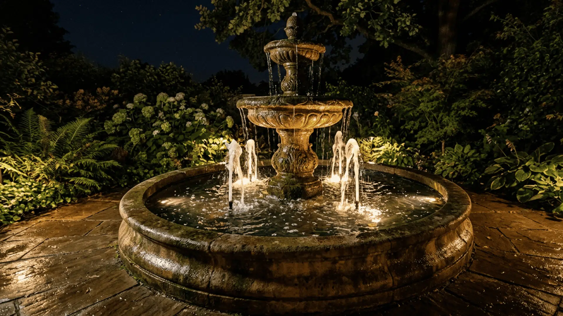 submersible fountain lights highlighting clear water jets stonework and the basin at night