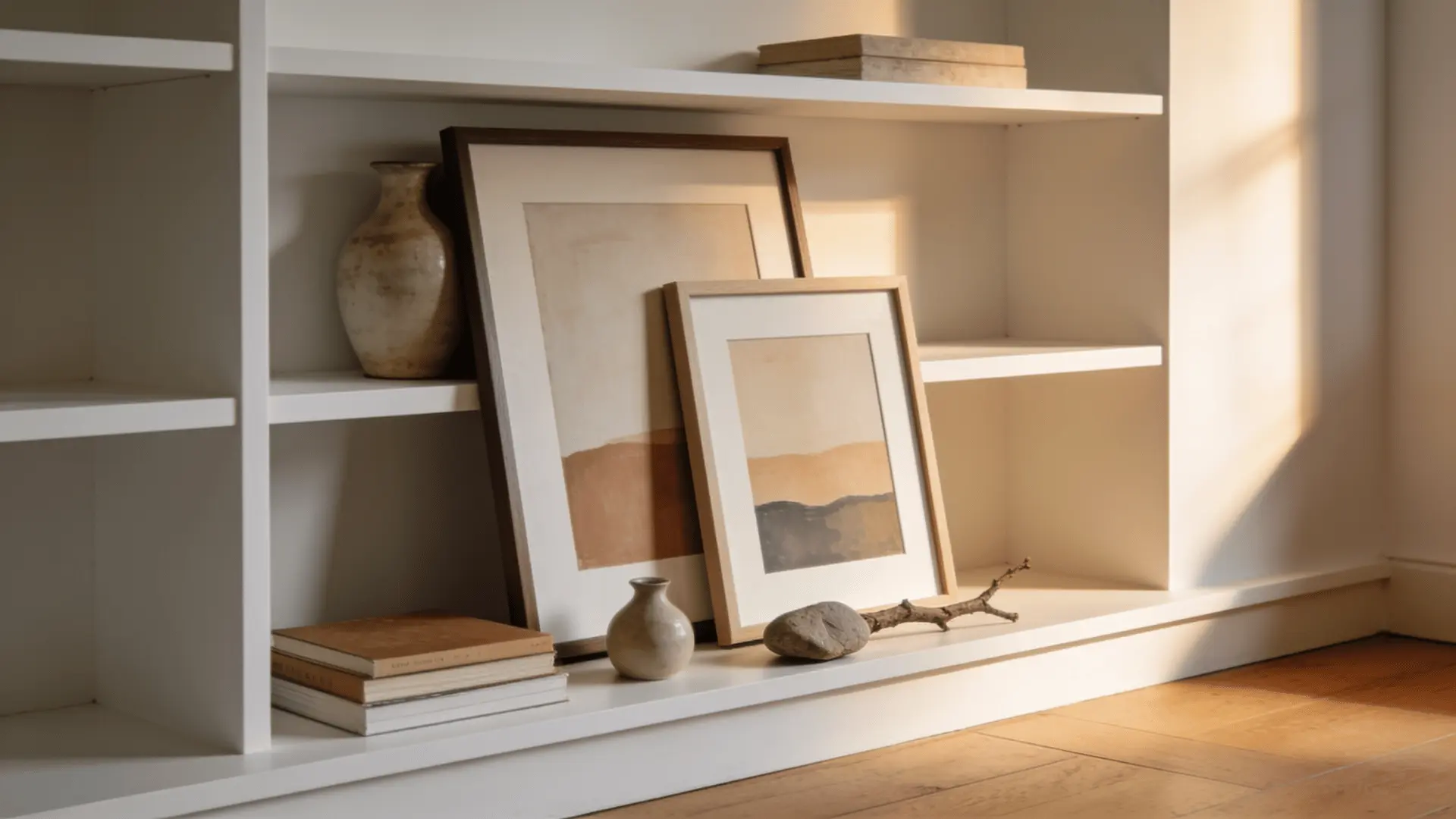 leaning framed art prints styled on open shelves with books and vases