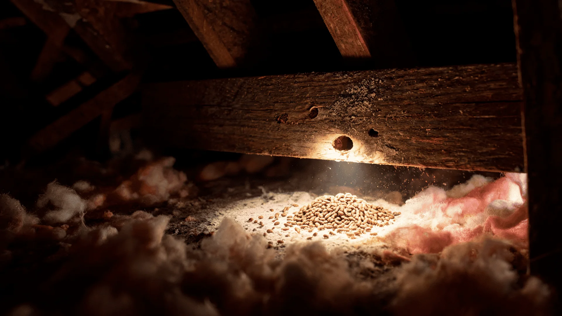 termite frass below a small opening in a ceiling beam
