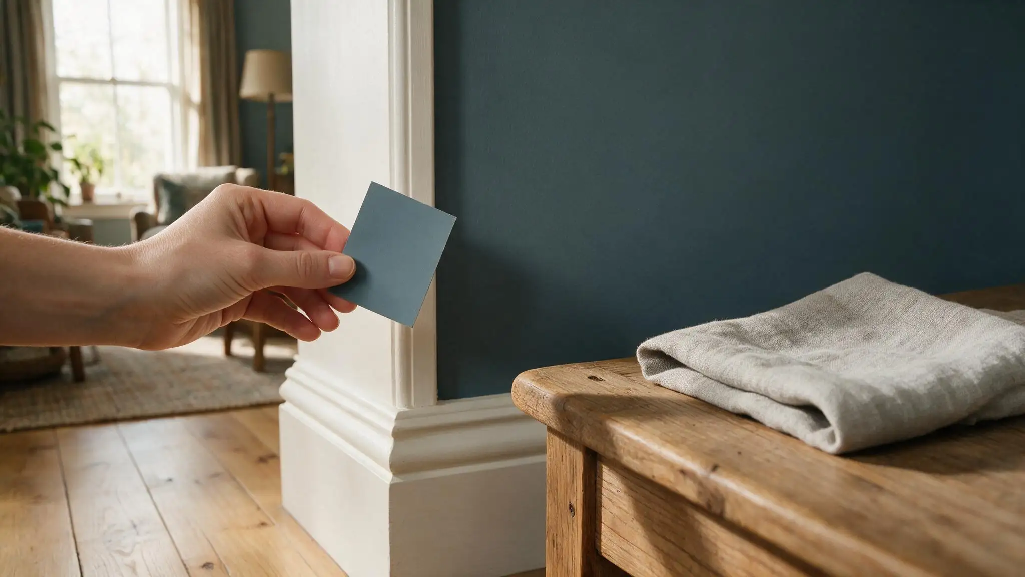 small blue gray color chip held against white trim oak flooring and neutral fabric for shade comparison