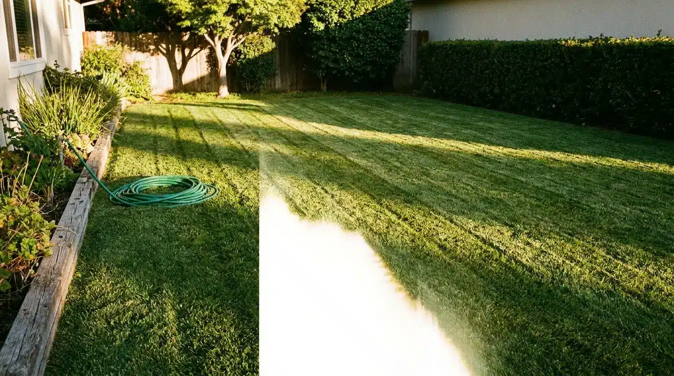 Lush green backyard lawn with coiled garden hose under sunlight near a wooden fence