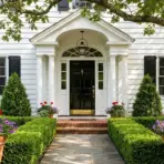 white home entrance with black shutters, a portico, brick steps, manicured hedges, colorful flower planters, and a leafy tree