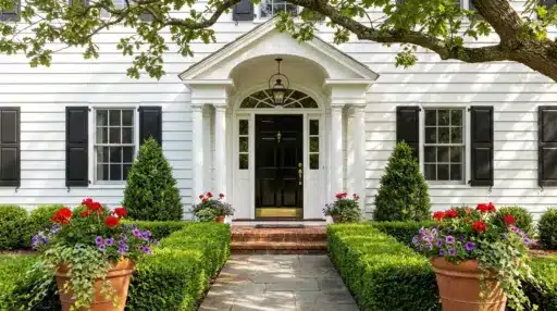 white home entrance with black shutters, a portico, brick steps, manicured hedges, colorful flower planters, and a leafy tree