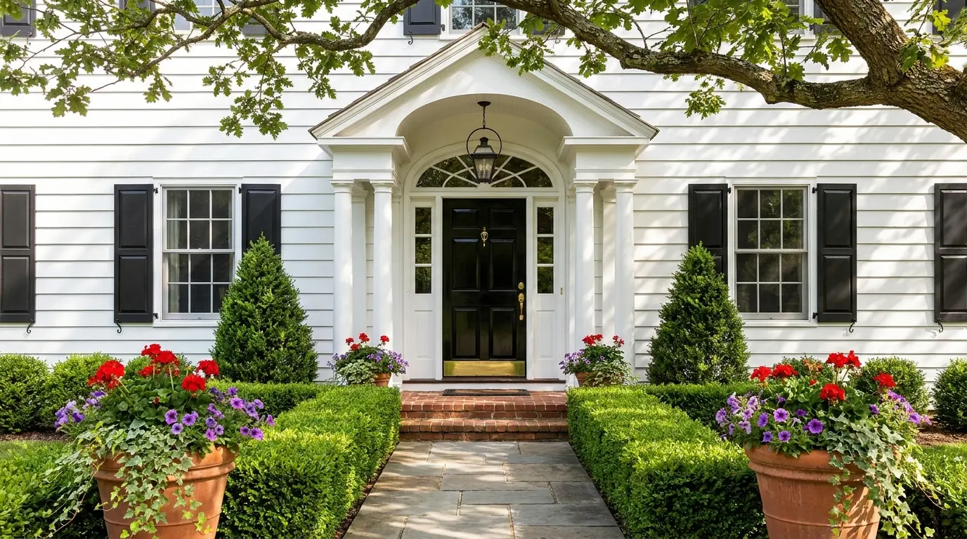 white home entrance with black shutters, a portico, brick steps, manicured hedges, colorful flower planters, and a leafy tree