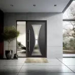 Modern black front door with frosted glass detail in sleek concrete entryway with potted tree