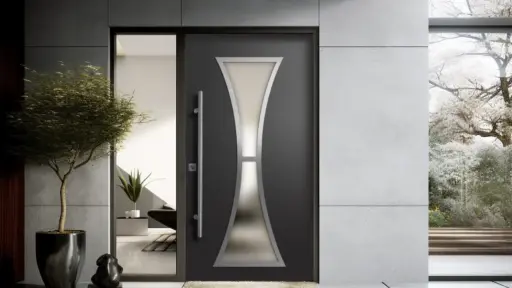 Modern black front door with frosted glass detail in sleek concrete entryway with potted tree