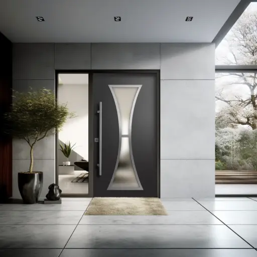Modern black front door with frosted glass detail in sleek concrete entryway with potted tree