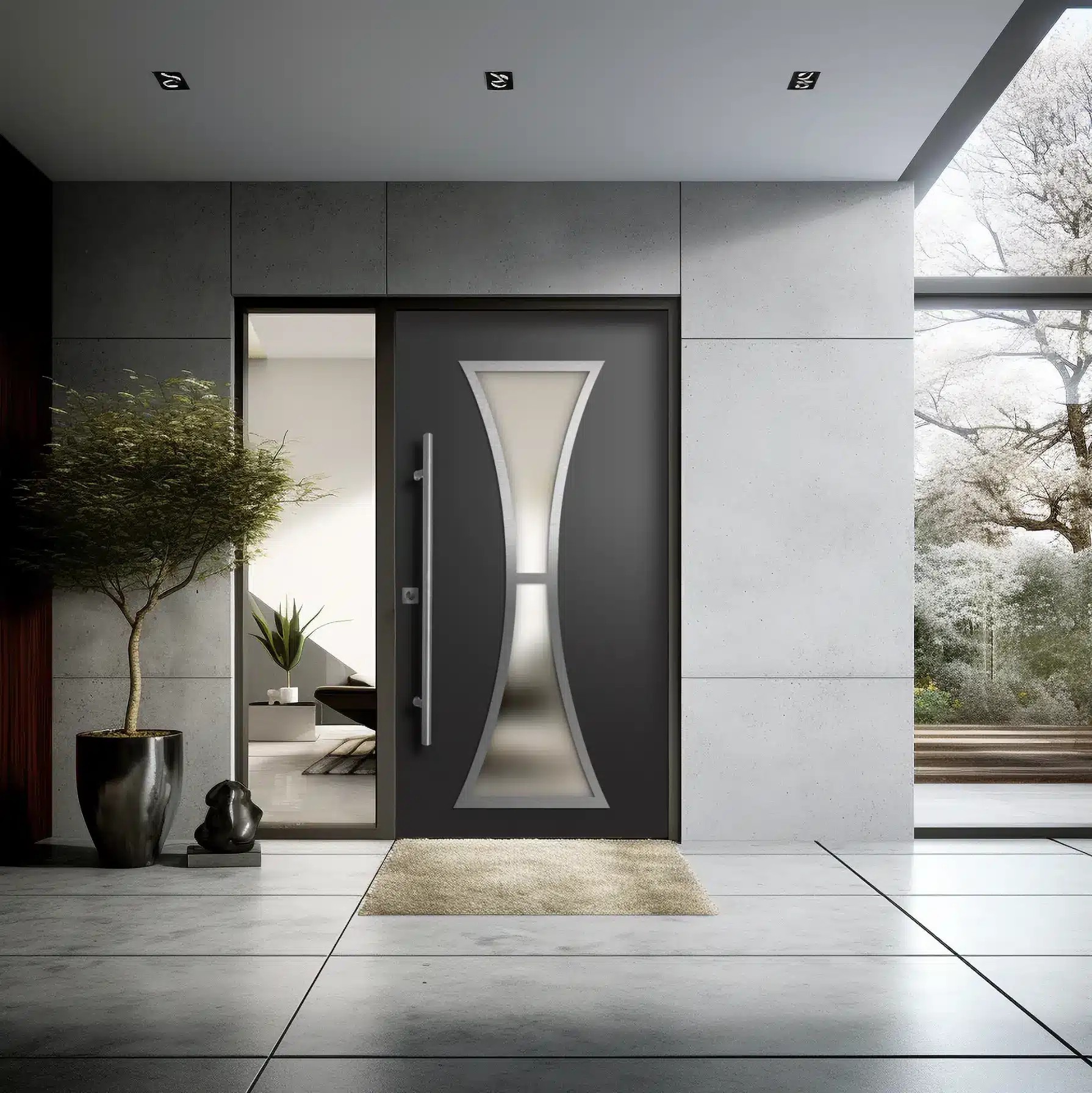 Modern black front door with frosted glass detail in sleek concrete entryway with potted tree