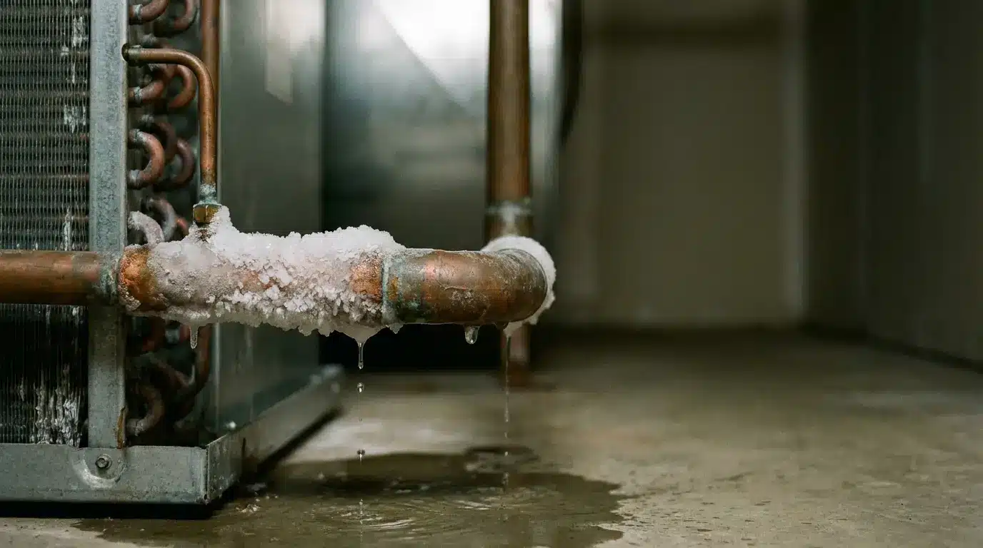 Frozen copper pipe with ice buildup dripping water in industrial setting