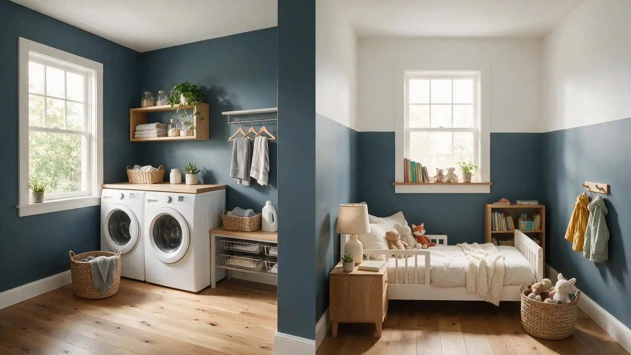 bright laundry room with slate blue gray walls beside a room with a crisp three quarter painted wall
