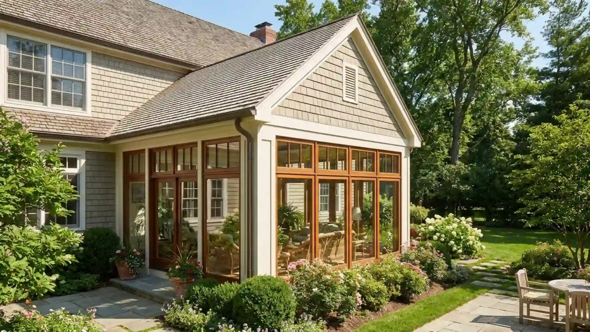 traditional sunroom with a gable roof that matches the home's existing roofline and exterior style