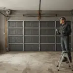 realistic residential garage showing cables springs drums tracks and repair tools nearby