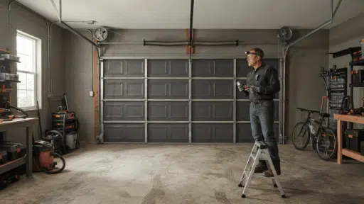 realistic residential garage showing cables springs drums tracks and repair tools nearby