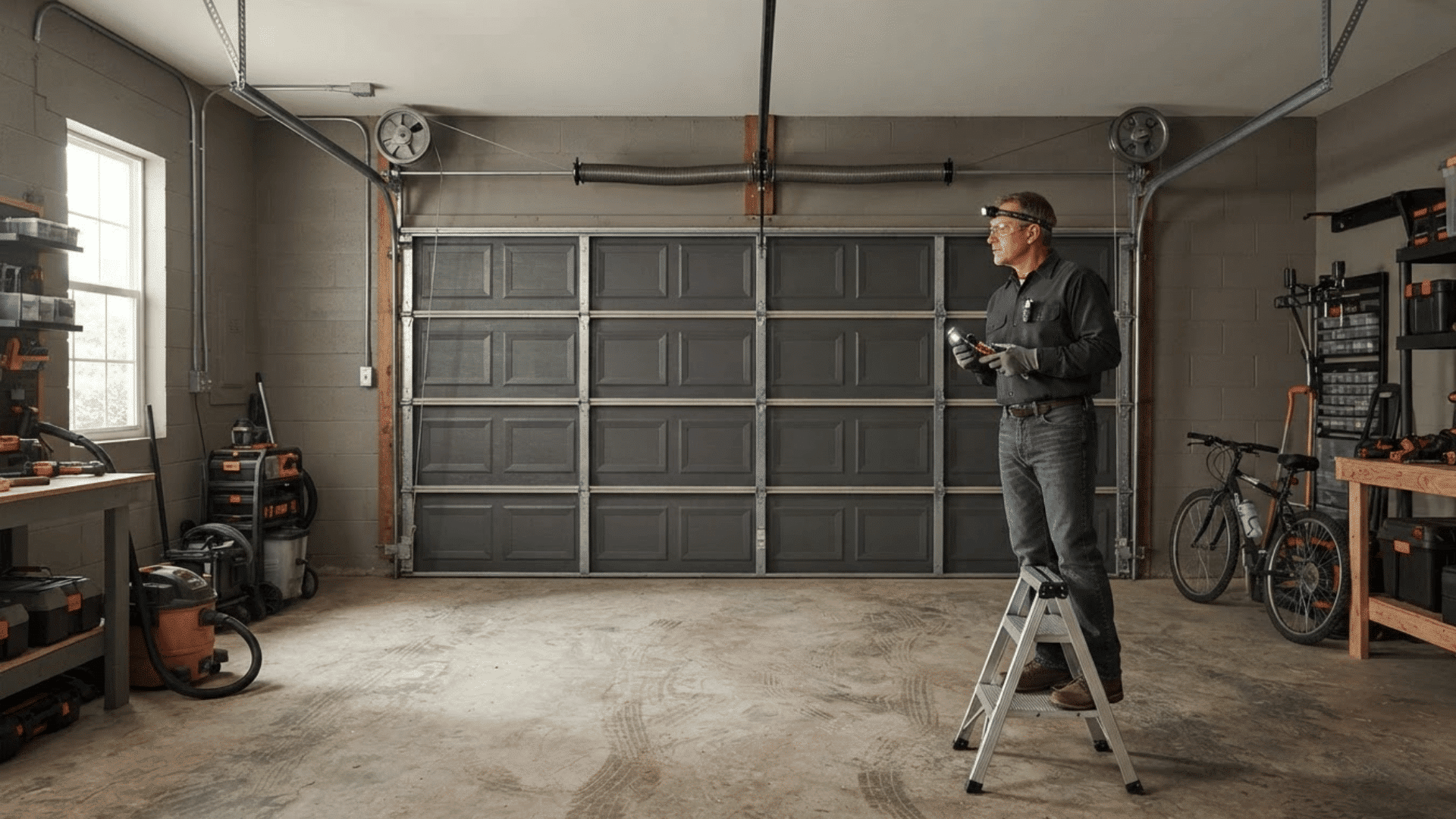 realistic residential garage showing cables springs drums tracks and repair tools nearby