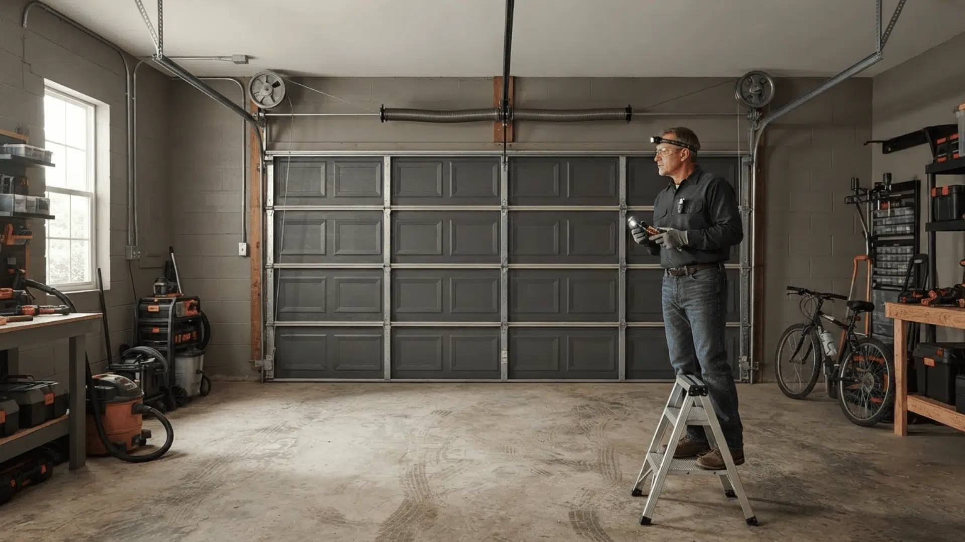 realistic residential garage showing cables springs drums tracks and repair tools nearby