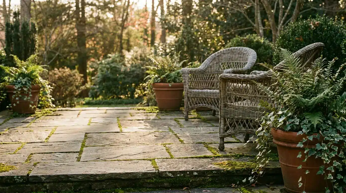 Wicker chairs and potted ferns on stone patio in sunlit garden setting
