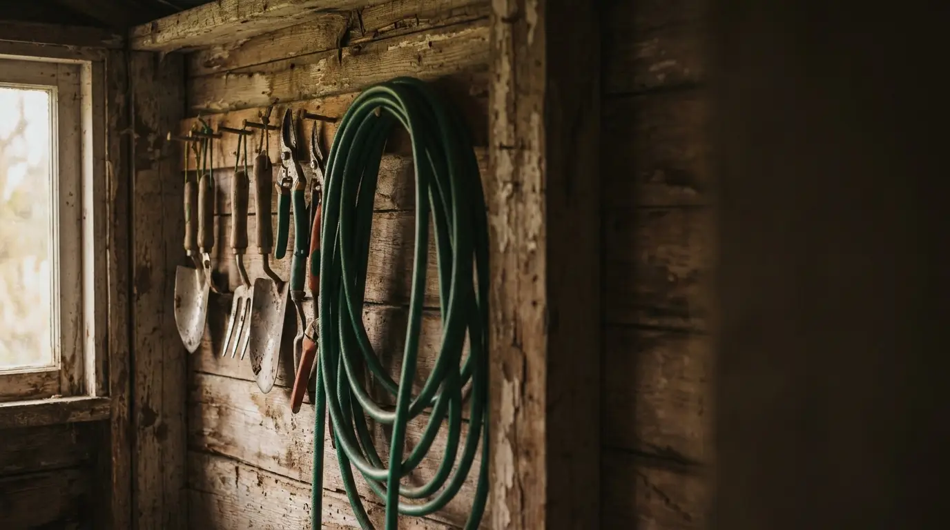 Gardening tools and green hose hanging on rustic wooden wall in dimly lit shed