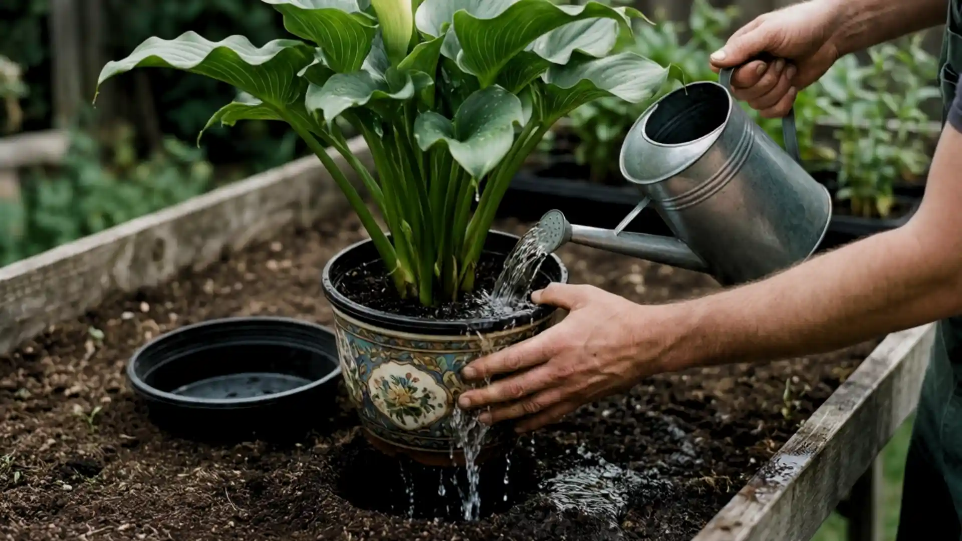 gardener checking calla lily soil and pot weight before deciding whether to water