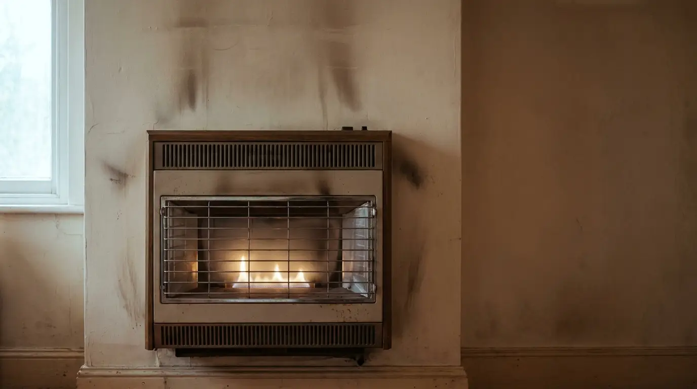 Gas heater with visible flame against a worn wall in dimly lit room