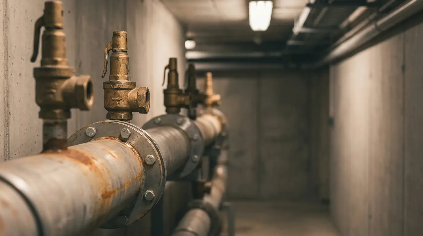 Industrial metal pipes and brass valves in dimly lit concrete basement hallway