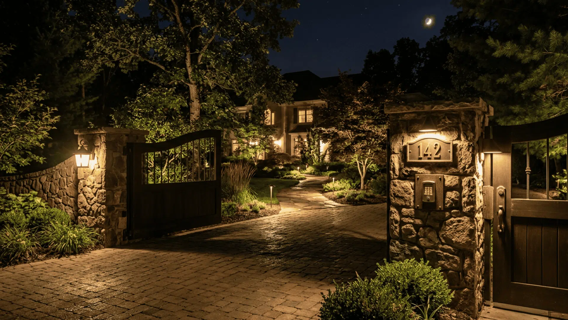 gate and entrance lights illuminating a driveway opening address sign and walkway at night