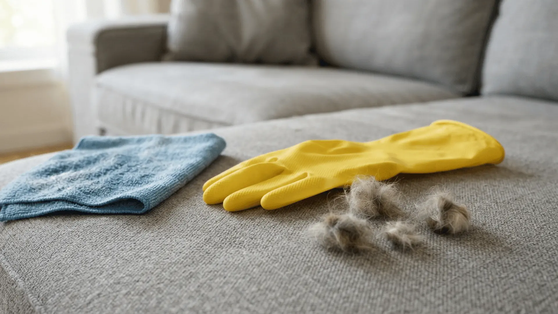 yellow rubber glove blue cleaning cloth and clumps of pet hair rest on a gray sofa cushion in a bright living room