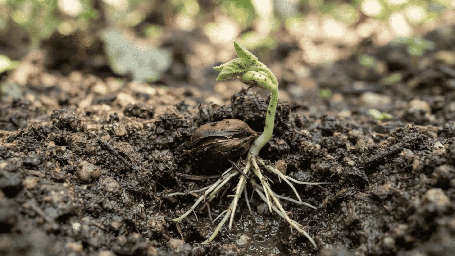 peanut seed germinating in loose soil with young roots and a green seedling emerging above ground