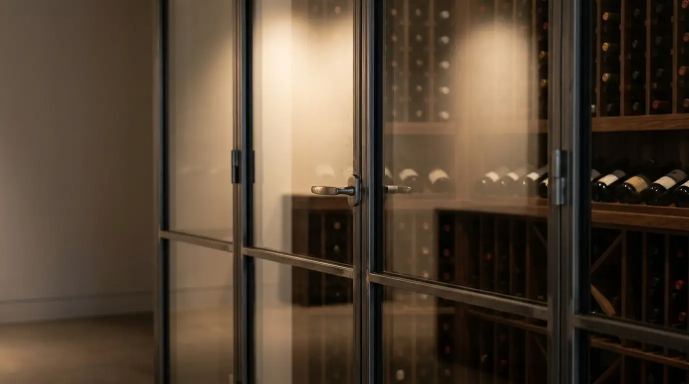 Glass-enclosed wine cellar with wooden racks and overhead lighting