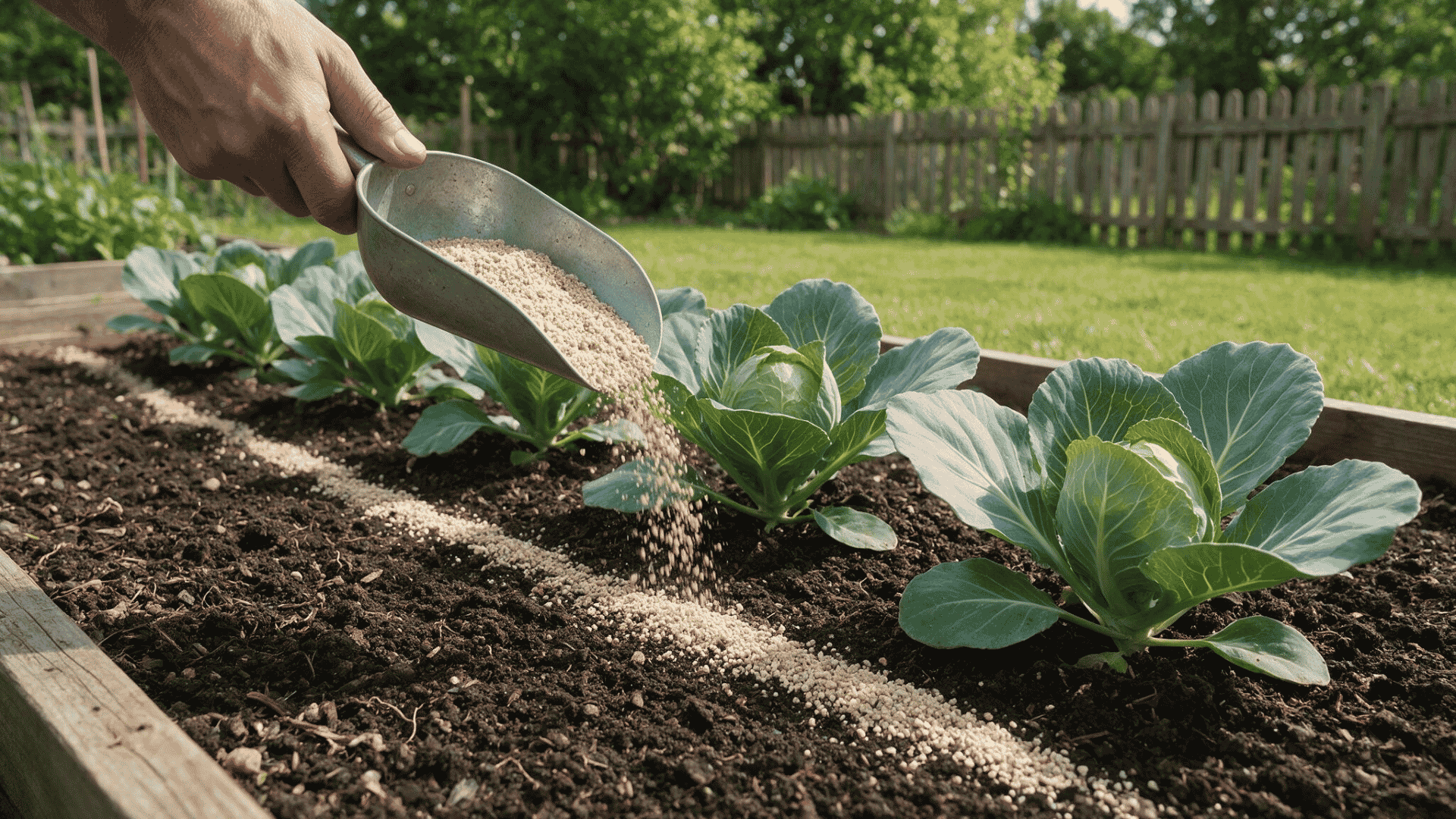 measured granular nitrogen fertilizer being applied beside plants in a vegetable garden row