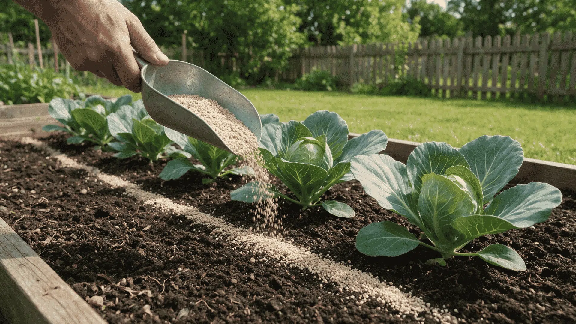 measured granular nitrogen fertilizer being applied beside plants in a vegetable garden row