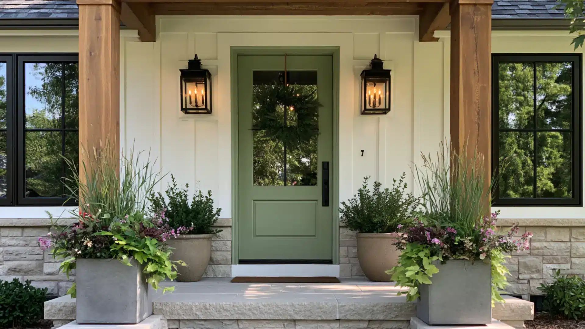 sage green front door with natural wood accents on farmhouse style home exterior