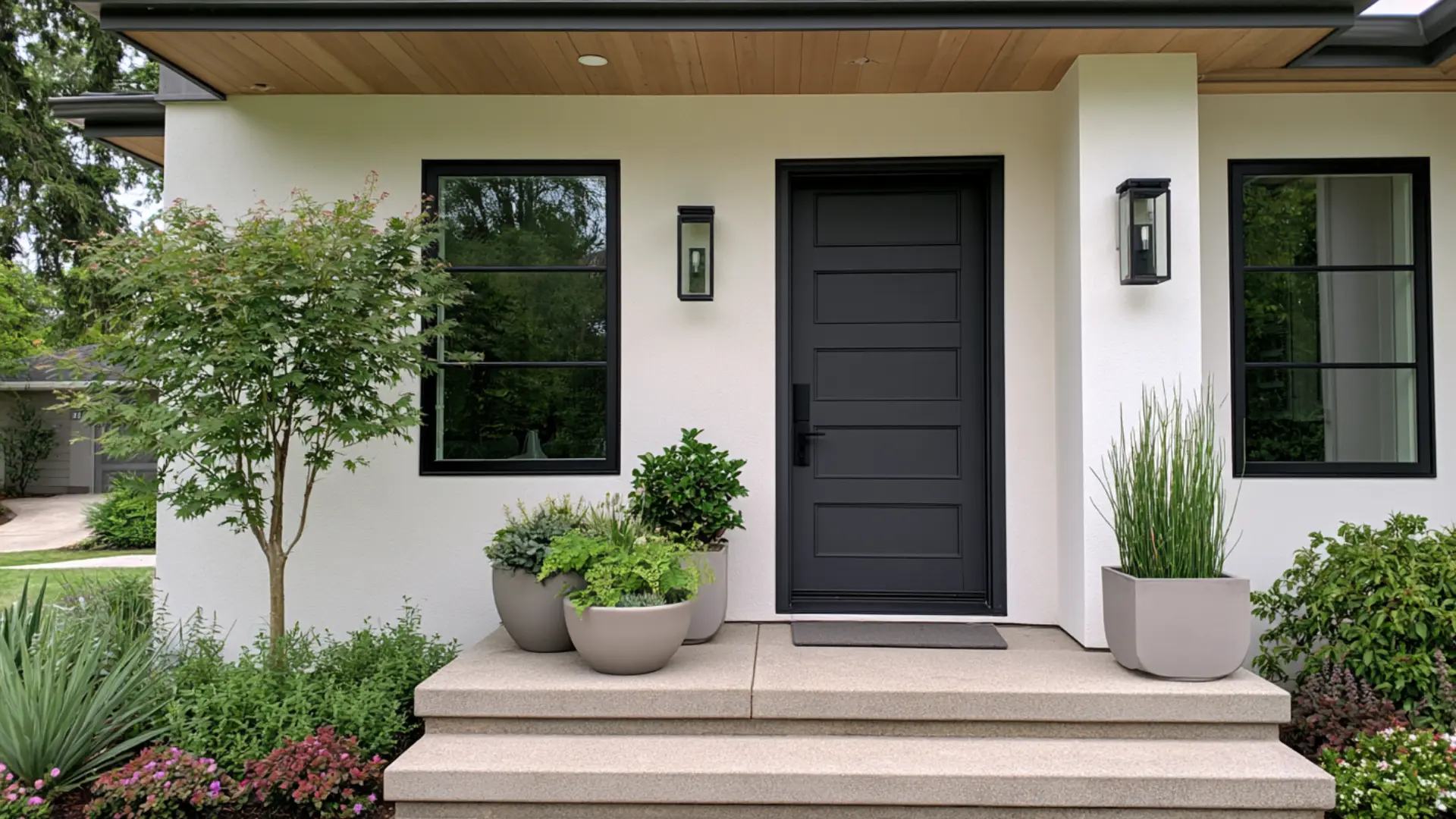 charcoal gray front door with black hardware on contemporary style house exterior