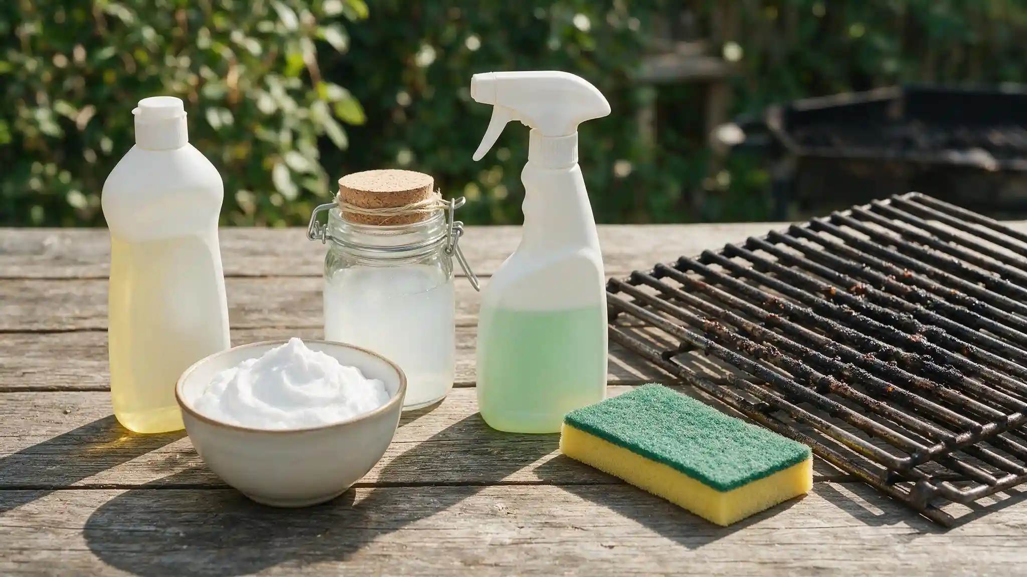 mild soap baking soda vinegar and approved grill cleaner arranged beside dirty grates