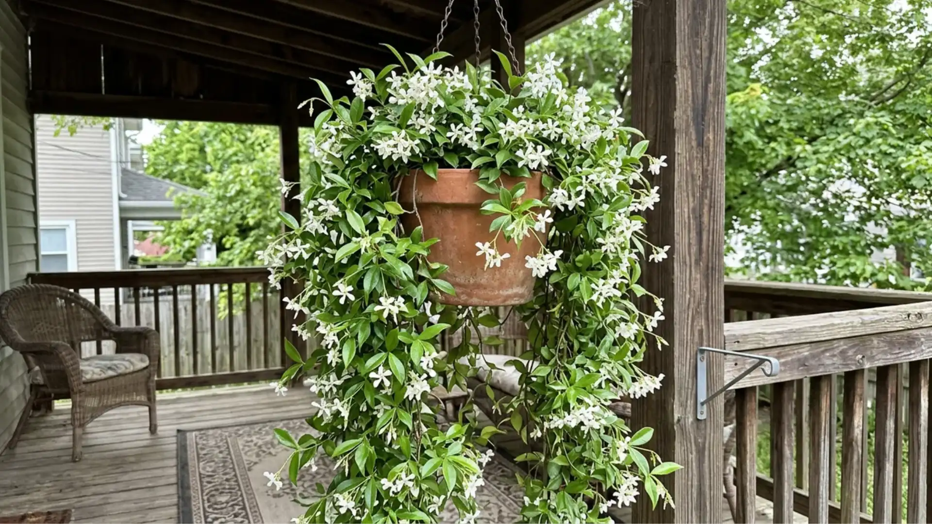 trailing jasmine cascading from a hanging terracotta pot on a covered porch with white flowers