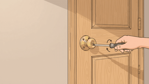 hand using a screwdriver to tighten a loose brass doorknob on a door (1)
